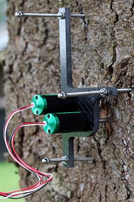 Dual point dendrometer with two sensors mounted on a spruce stem. (Source: Natkon.ch)